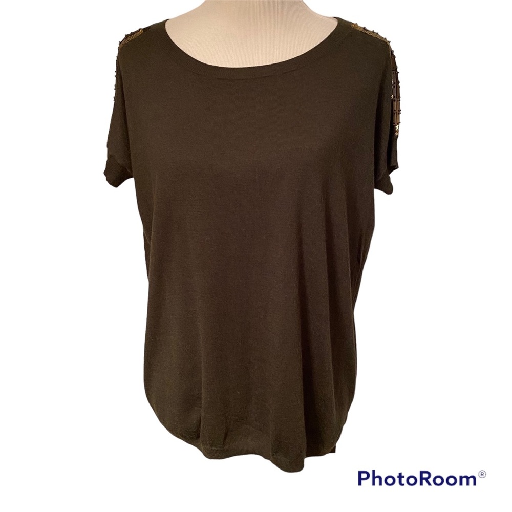 MINNIE ROSE SWEATER CREW SCOOP ROUND NECK GREEN BRONZE GOLD SEQUINS SIZE XS S